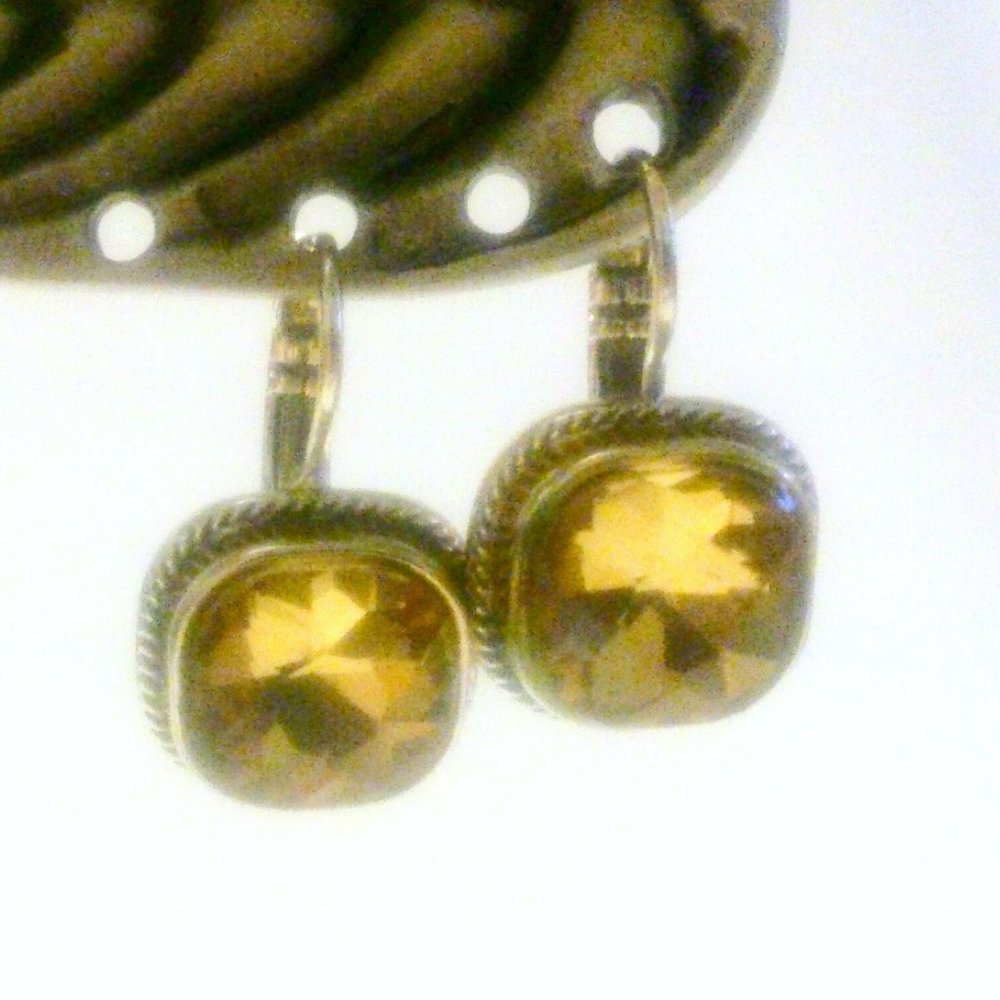 Silver Tone Faux Citrine Glass Stone Drop Earrings